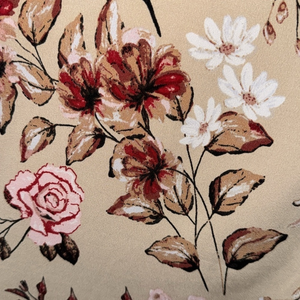 Ophelia Roe blouse Beige Floral shirt Pink Red Accents cinched puff sleeve xl - Picture 4 of 6